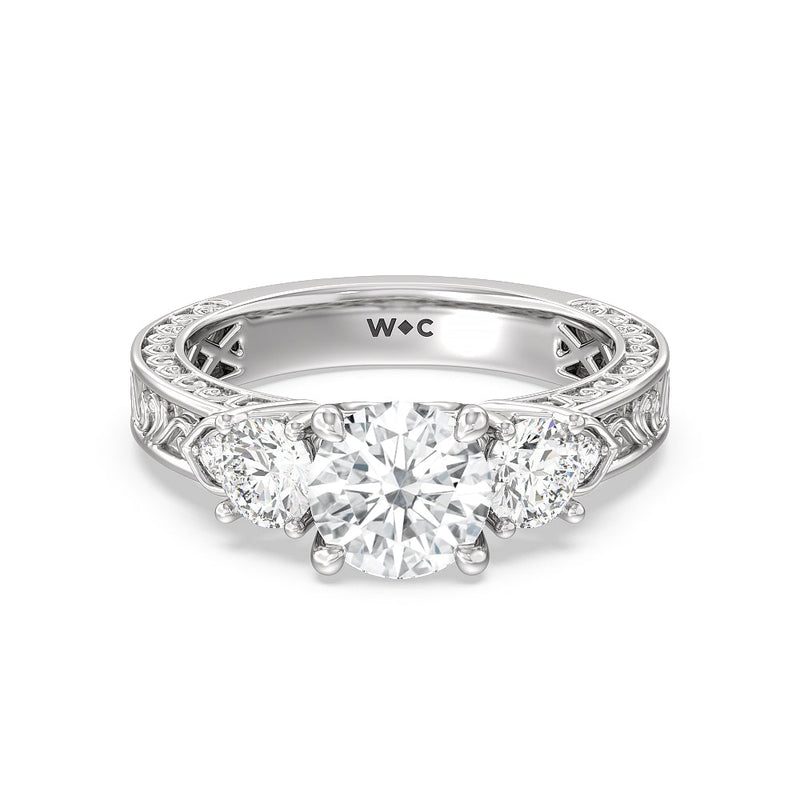Vintage Carved Tulip Three Stone Engagement Ring - Home Preview