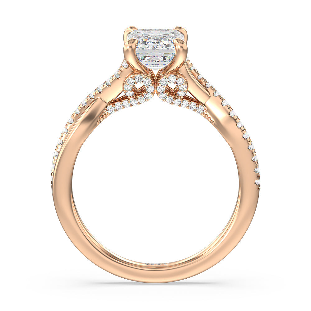 Glamour Ribbon Swirl Engagement Ring with Emerald Cut Diamond in 14KT Rose Gold view 3
