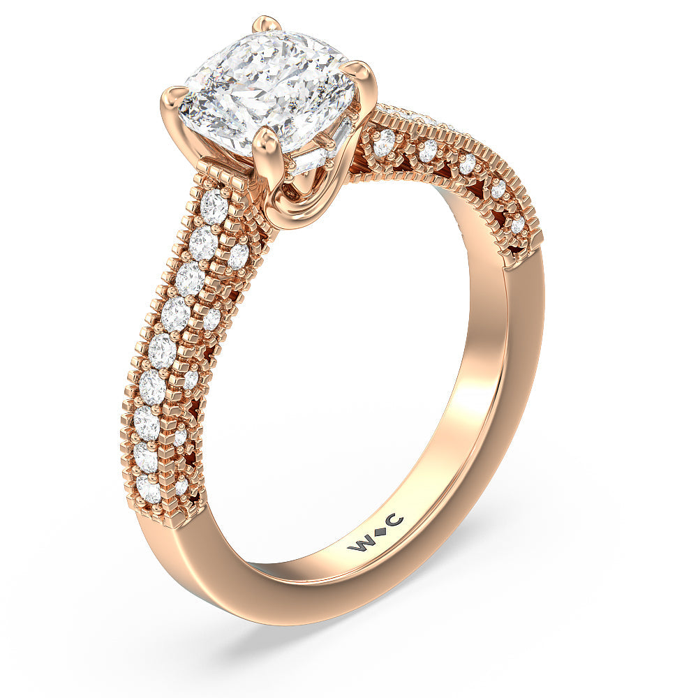 Vintage Classic Hidden Halo Engagement Ring with Cushion Cut Diamond in 14KT Rose Gold view 3
