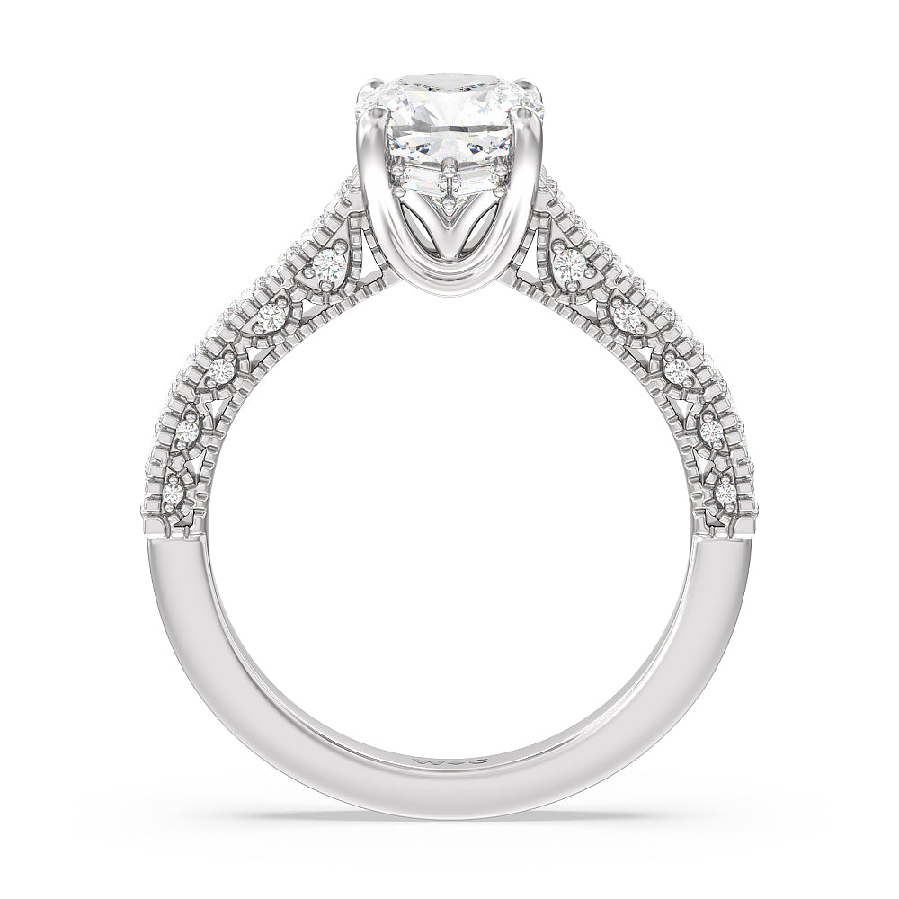 Vintage Classic Hidden Halo Engagement Ring with Cushion Cut Diamond in 14KT Platinum view 2
