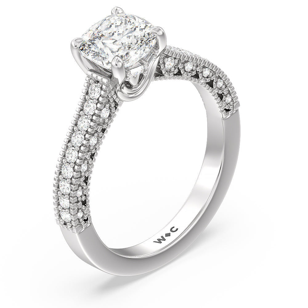 Vintage Classic Hidden Halo Engagement Ring with Cushion Cut Diamond in 14KT Platinum view 3
