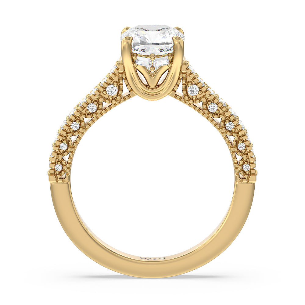 Vintage Classic Hidden Halo Engagement Ring with Cushion Cut Diamond in 14KT Yellow Gold view 2
