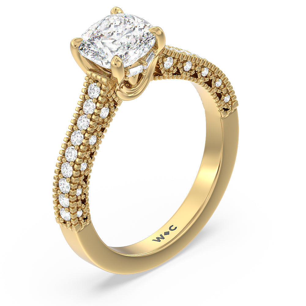 Vintage Classic Hidden Halo Engagement Ring with Cushion Cut Diamond in 14KT Yellow Gold view 3
