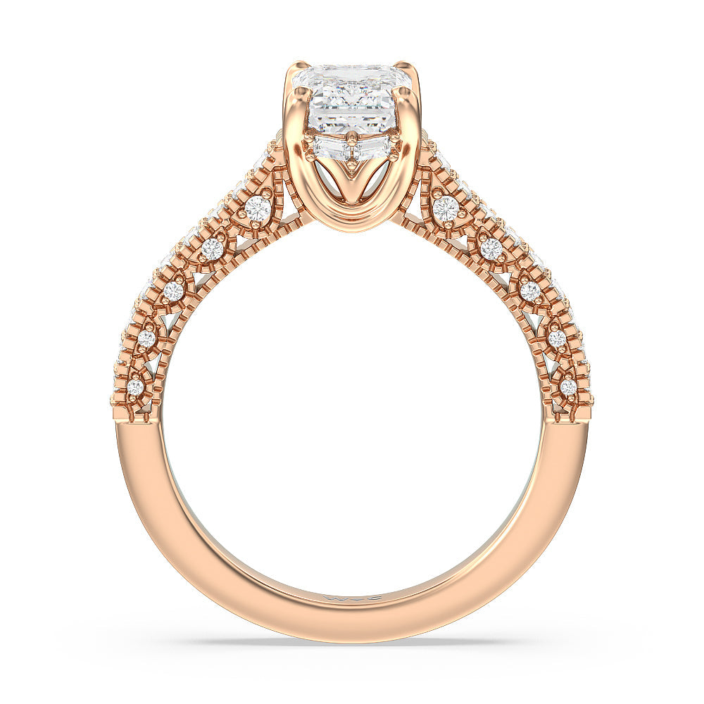 Vintage Classic Hidden Halo Engagement Ring with Emerald Cut Diamond in 14KT Rose Gold view 2

