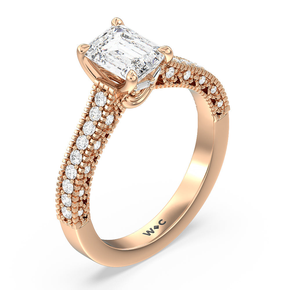 Vintage Classic Hidden Halo Engagement Ring with Emerald Cut Diamond in 14KT Rose Gold view 3
