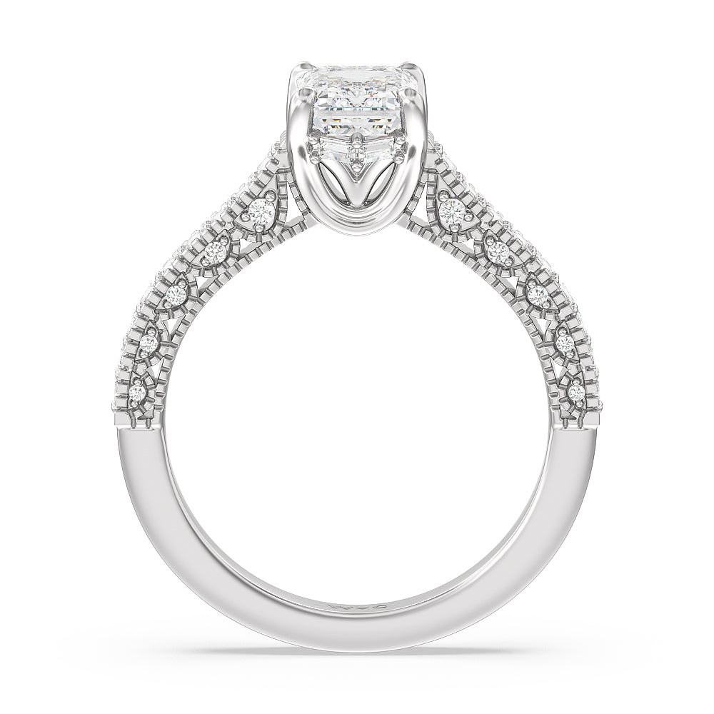 Vintage Classic Hidden Halo Engagement Ring with Emerald Cut Diamond in 14KT Platinum view 2
