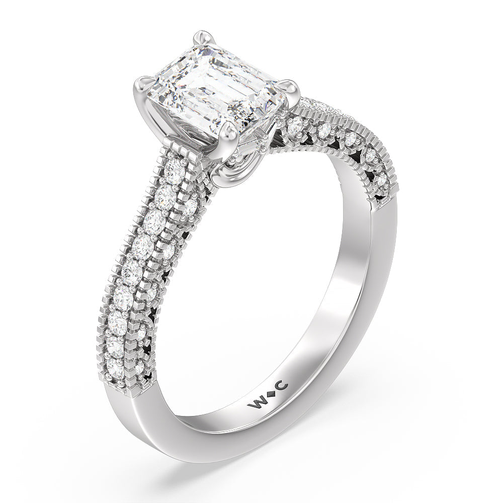 Vintage Classic Hidden Halo Engagement Ring with Emerald Cut Diamond in 14KT Platinum view 3
