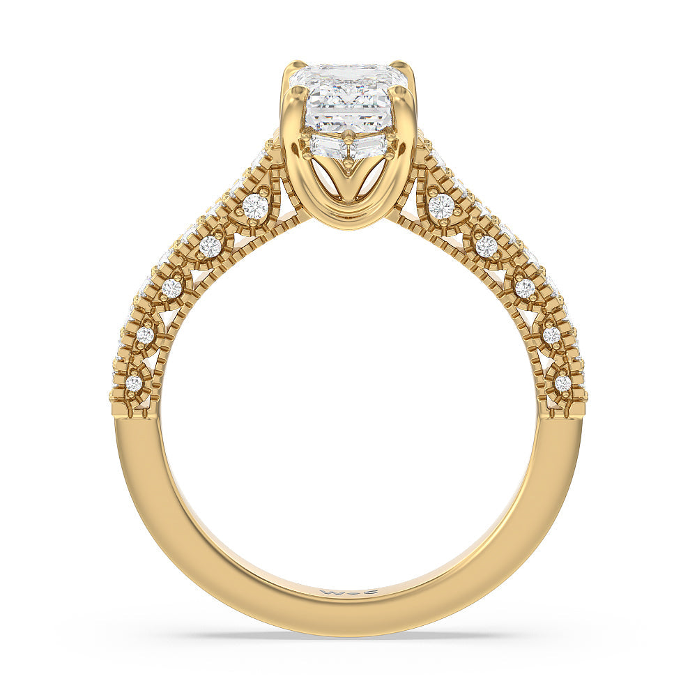Vintage Classic Hidden Halo Engagement Ring with Emerald Cut Diamond in 14KT Yellow Gold view 2
