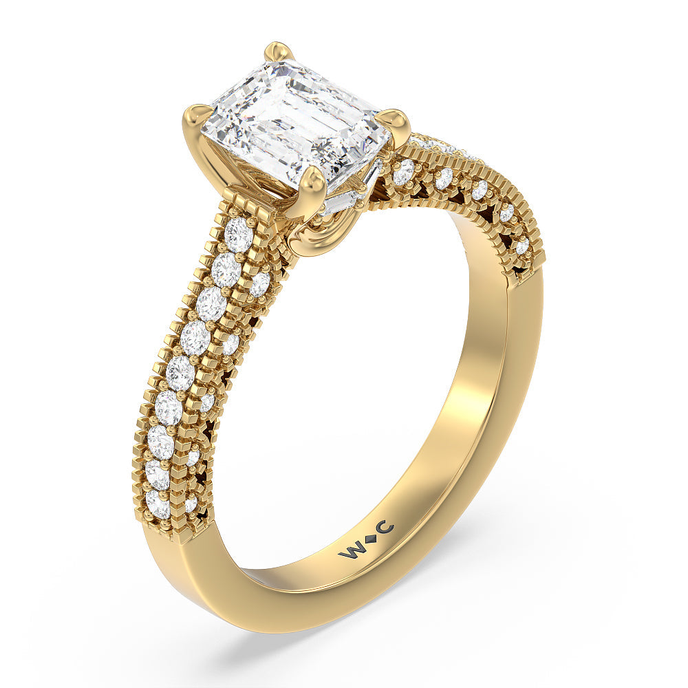 Vintage Classic Hidden Halo Engagement Ring with Emerald Cut Diamond in 14KT Yellow Gold view 3
