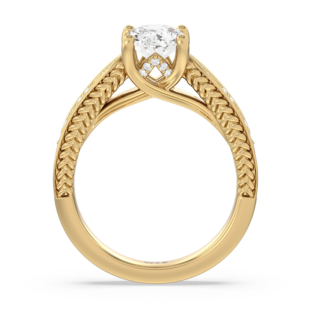 Oval Cut Vintage Hidden Halo Chevron Engagement Ring with Lab Grown Diamond in 14KT Yellow Gold view 2

