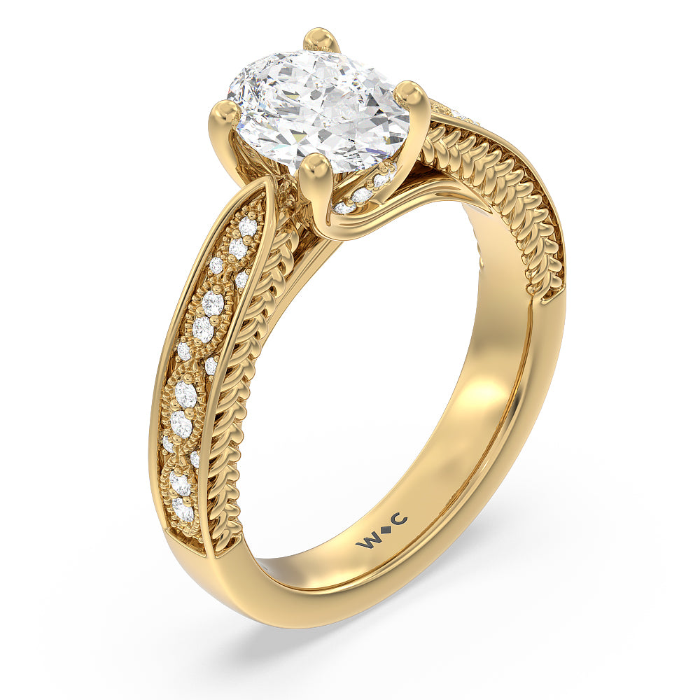 Oval Cut Vintage Hidden Halo Chevron Engagement Ring with Lab Grown Diamond in 14KT Yellow Gold view 3
