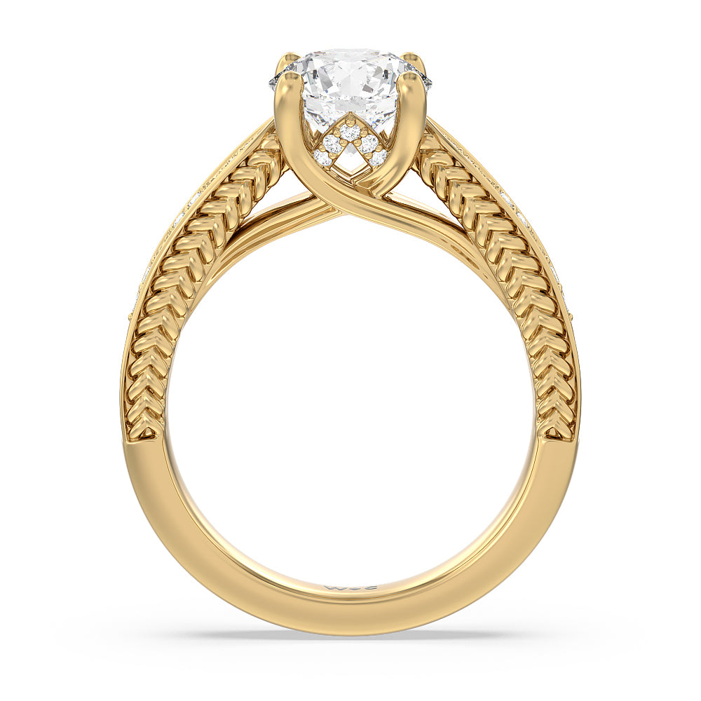 Round Cut Vintage Hidden Halo Chevron Engagement Ring with Lab Grown Diamond in 14KT Yellow Gold view 2
