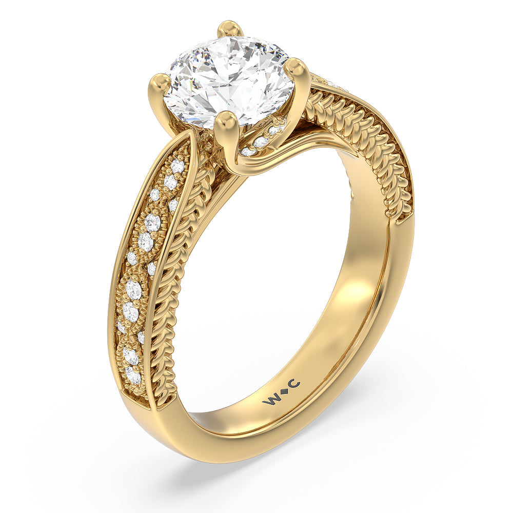 Round Cut Vintage Hidden Halo Chevron Engagement Ring with Lab Grown Diamond in 14KT Yellow Gold view 3
