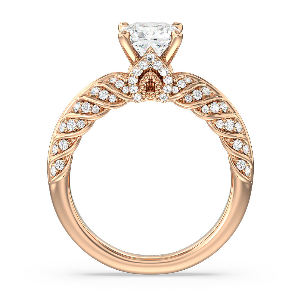 Vintage Chevron Classic Diamond Engagement Ring with Cushion Cut Diamond in 14KT Rose Gold view 2

