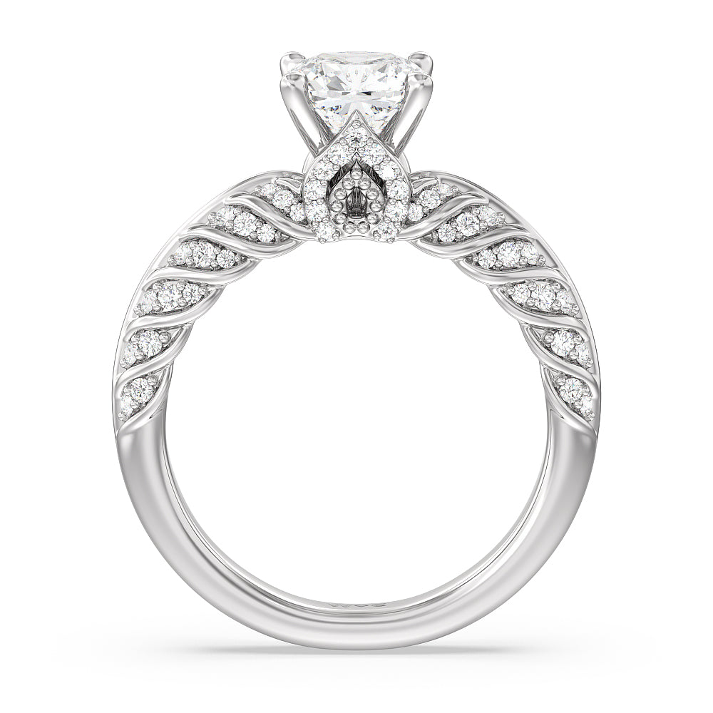 Vintage Chevron Classic Diamond Engagement Ring with Cushion Cut Diamond in 14KT Platinum view 2
