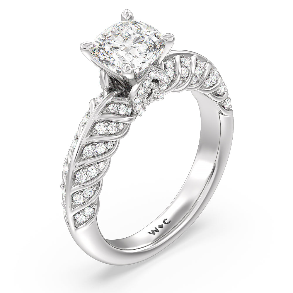 Vintage Chevron Classic Diamond Engagement Ring with Cushion Cut Diamond in 14KT Platinum view 3
