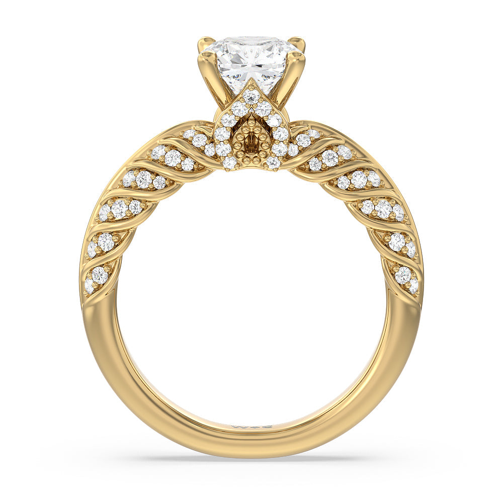 Vintage Chevron Classic Diamond Engagement Ring with Cushion Cut Diamond in 14KT Yellow Gold view 2
