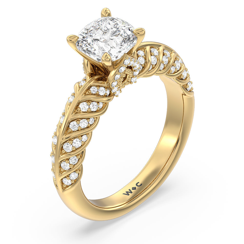 Vintage Chevron Classic Diamond Engagement Ring with Cushion Cut Diamond in 14KT Yellow Gold view 3
