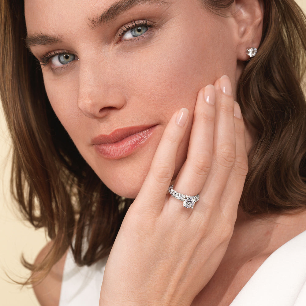 Model Wearing Vintage Chevron Classic Diamond Engagement Ring view