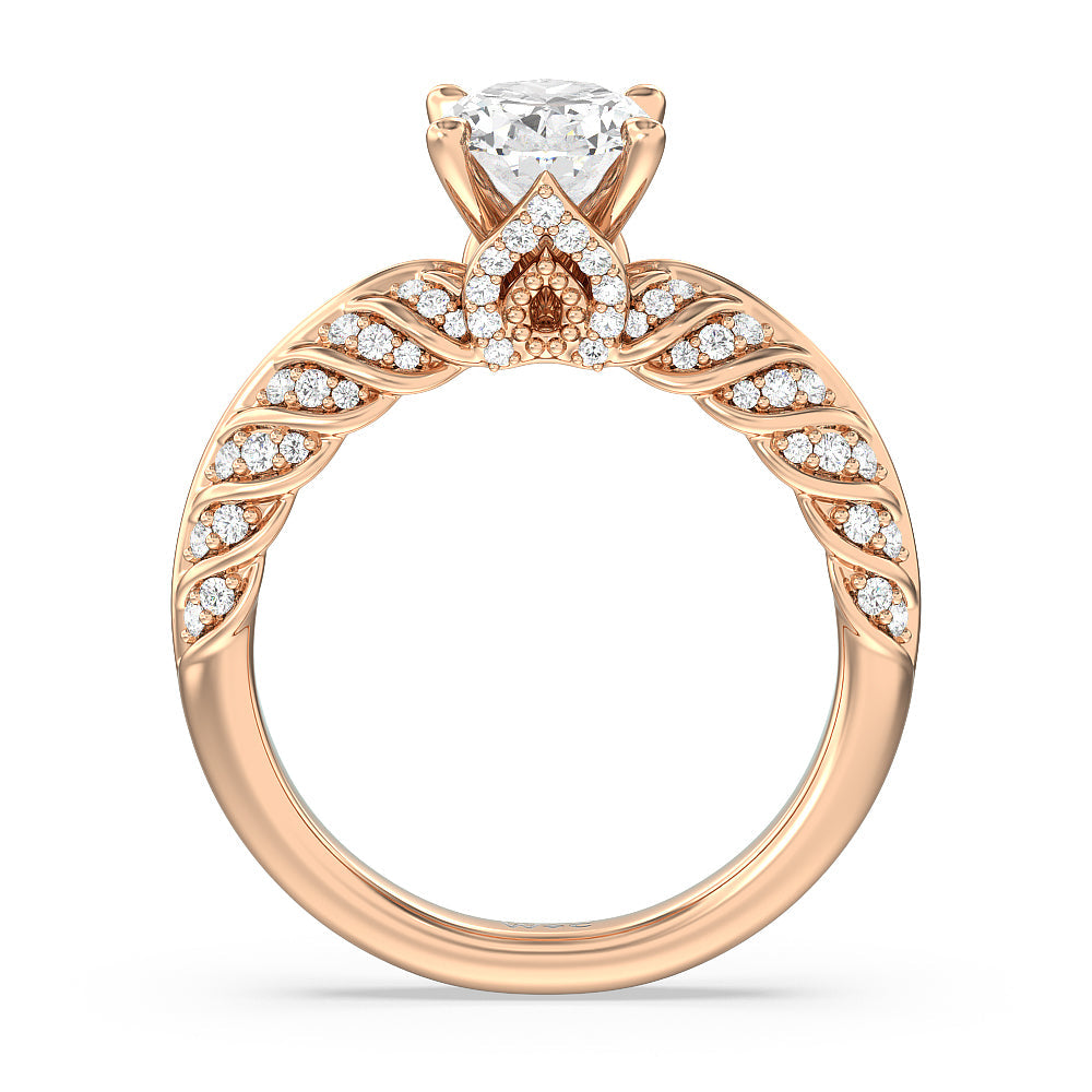 Vintage Chevron Classic Diamond Engagement Ring with Oval Cut Diamond in 14KT Rose Gold view 2
