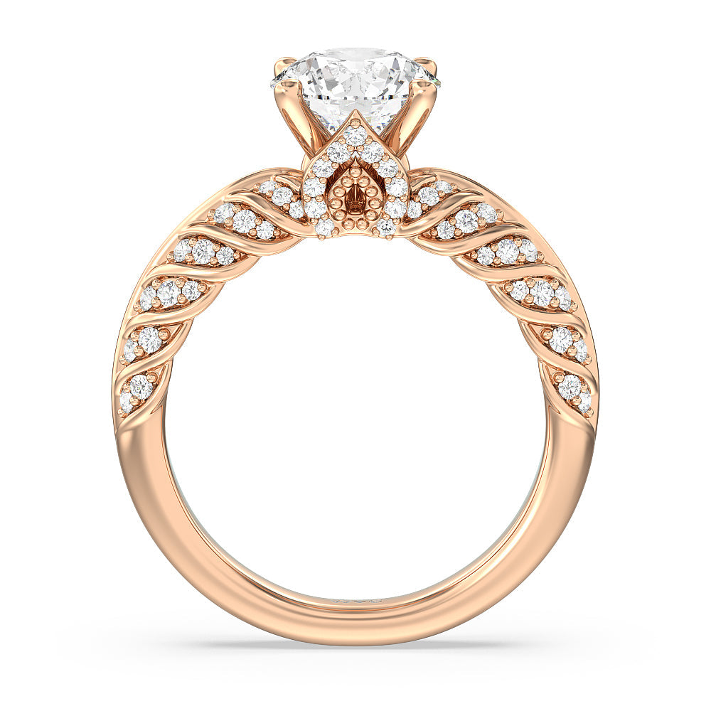 Vintage Chevron Classic Diamond Engagement Ring with Round Cut Diamond in 14KT Rose Gold view 2
