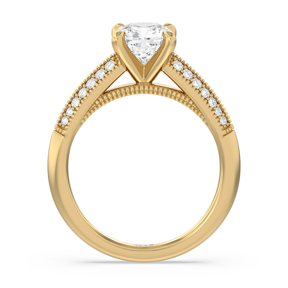 Cushion Cut Vintage Pave Knife Edge Cathedral Diamond Engagement Ring with Lab Grown Diamond in 14KT Yellow Gold view 2
