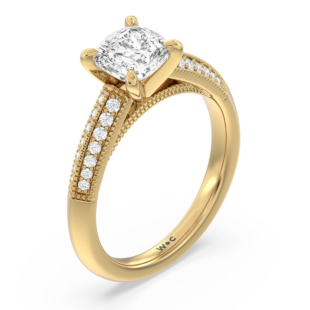 Cushion Cut Vintage Pave Knife Edge Cathedral Diamond Engagement Ring with Lab Grown Diamond in 14KT Yellow Gold view 3
