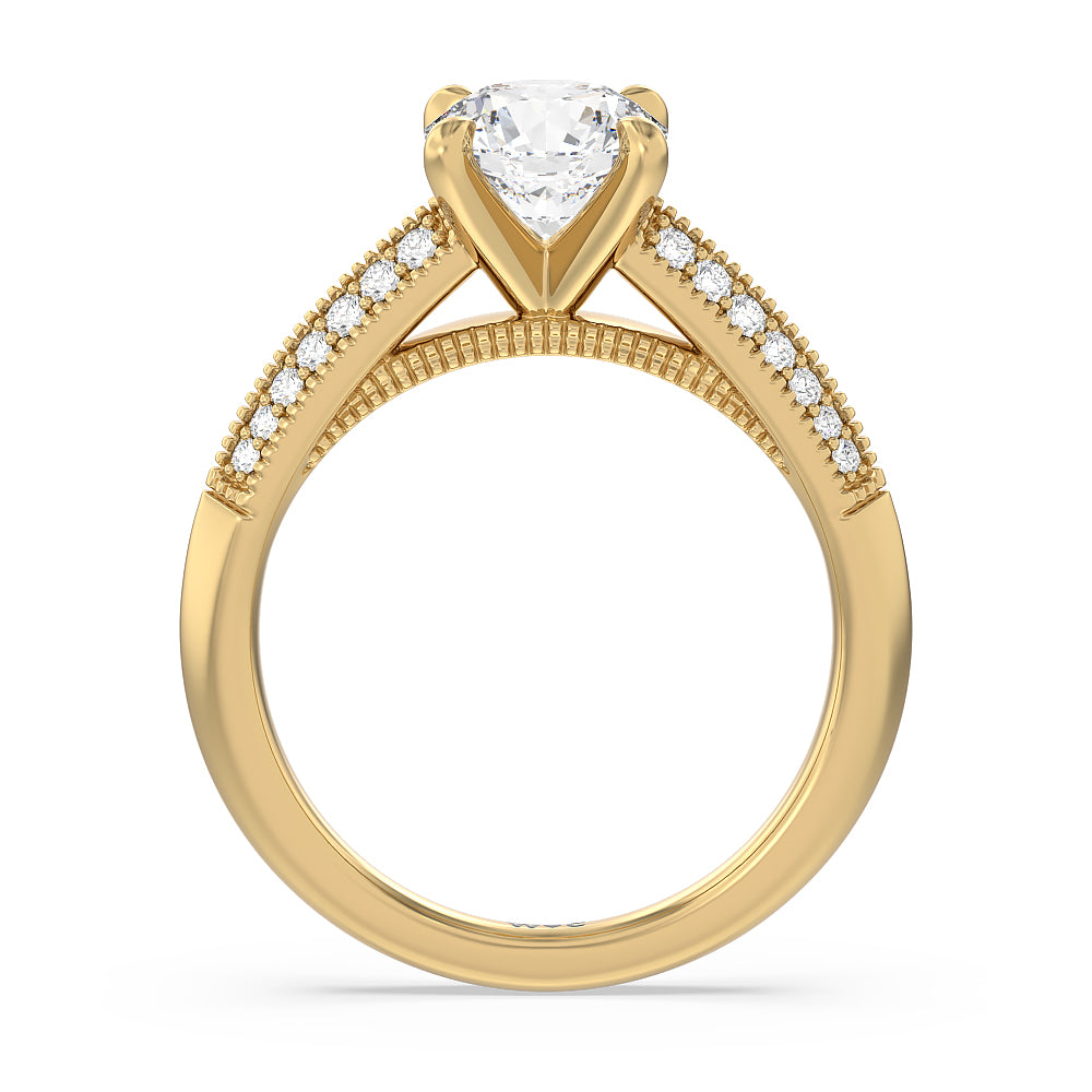Round Cut Vintage Pave Knife Edge Cathedral Diamond Engagement Ring with Lab Grown Diamond in 14KT Yellow Gold view 2
