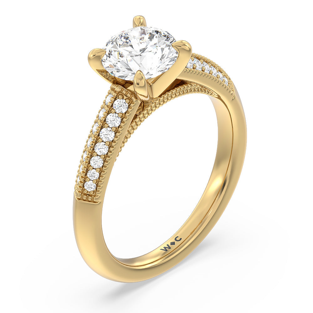 Round Cut Vintage Pave Knife Edge Cathedral Diamond Engagement Ring with Lab Grown Diamond in 14KT Yellow Gold view 3
