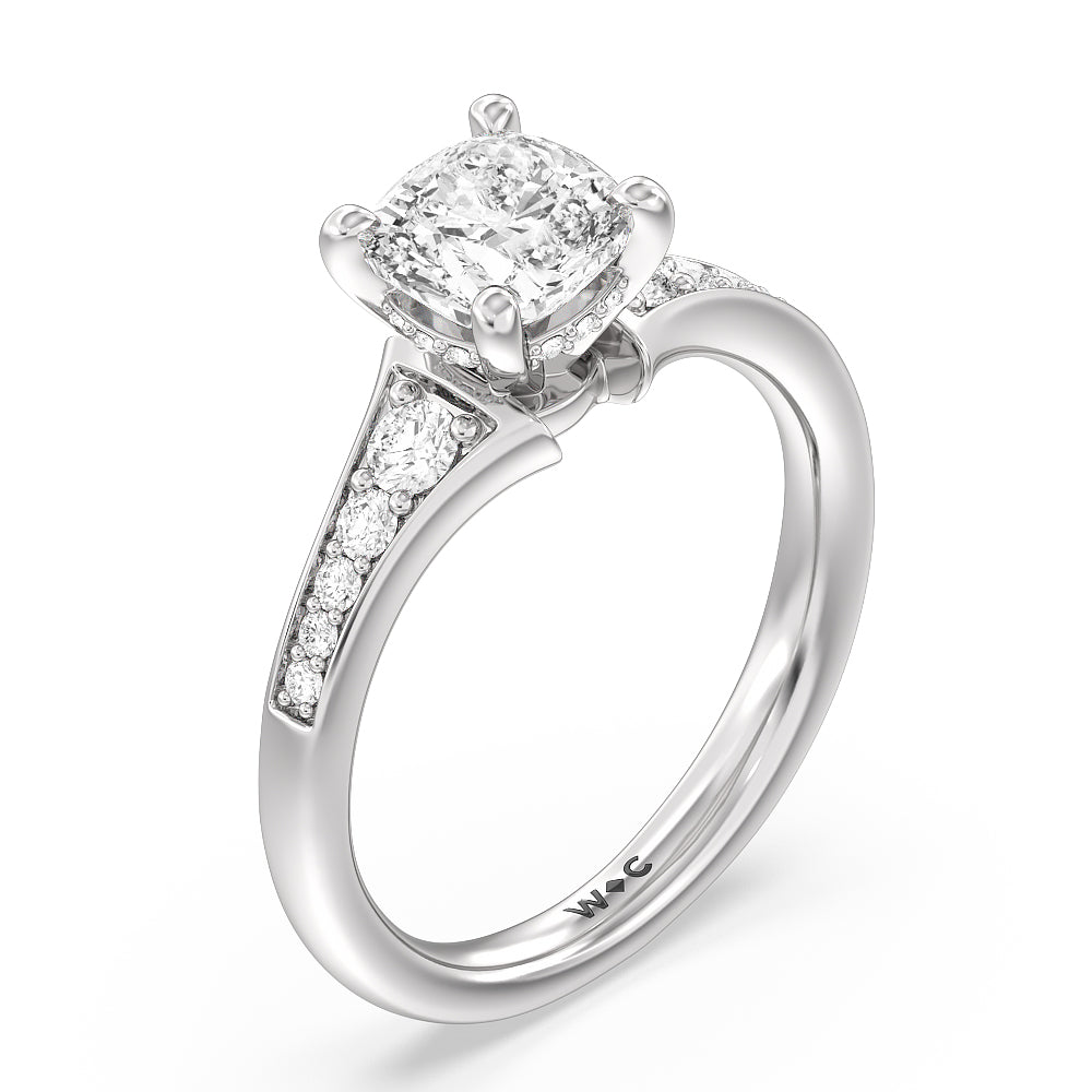 Vintage Hidden Halo Classic Diamond Engagement Ring with Cushion Cut Diamond in 14KT Platinum view 3
