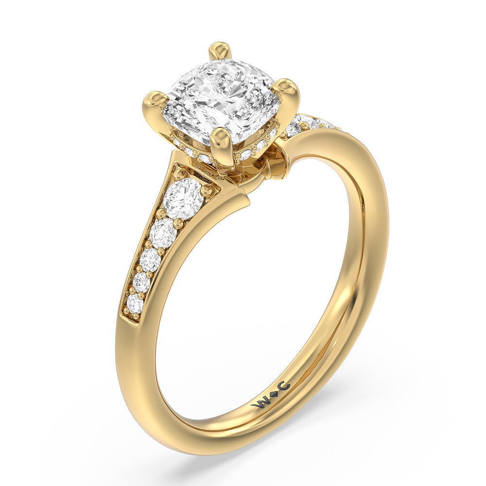Vintage Hidden Halo Classic Diamond Engagement Ring with Cushion Cut Diamond in 14KT Yellow Gold view 3
