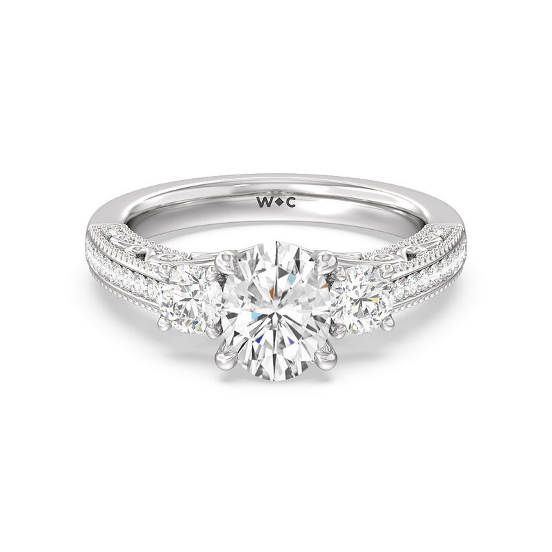 Vintage Grapevine Scroll 3 Stone Diamond Engagement Ring