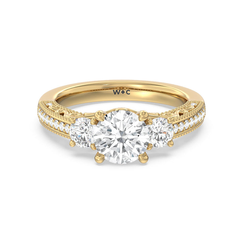 Vintage Grapevine Scroll 3 Stone Diamond Engagement Ring