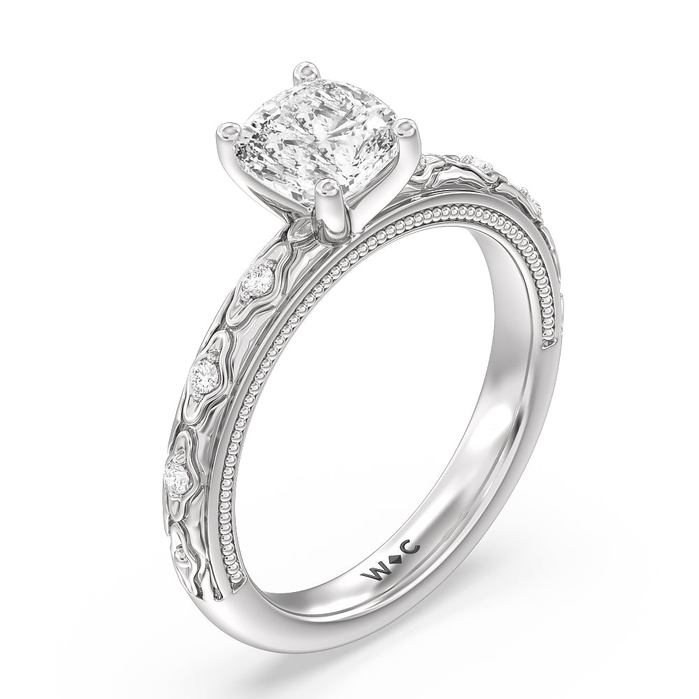 Vintage Blossom Engagement Ring with Cushion Cut Diamond in 14KT Platinum view 3
