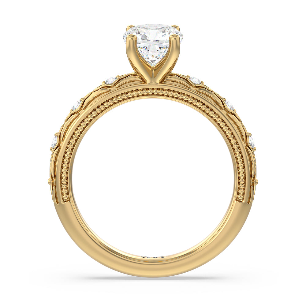 Vintage Blossom Engagement Ring with Cushion Cut Diamond in 14KT Yellow Gold view 2
