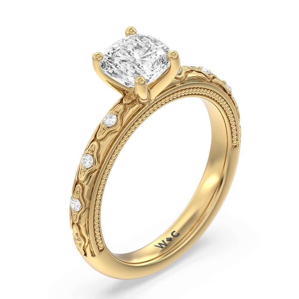 Vintage Blossom Engagement Ring with Cushion Cut Diamond in 14KT Yellow Gold view 3
