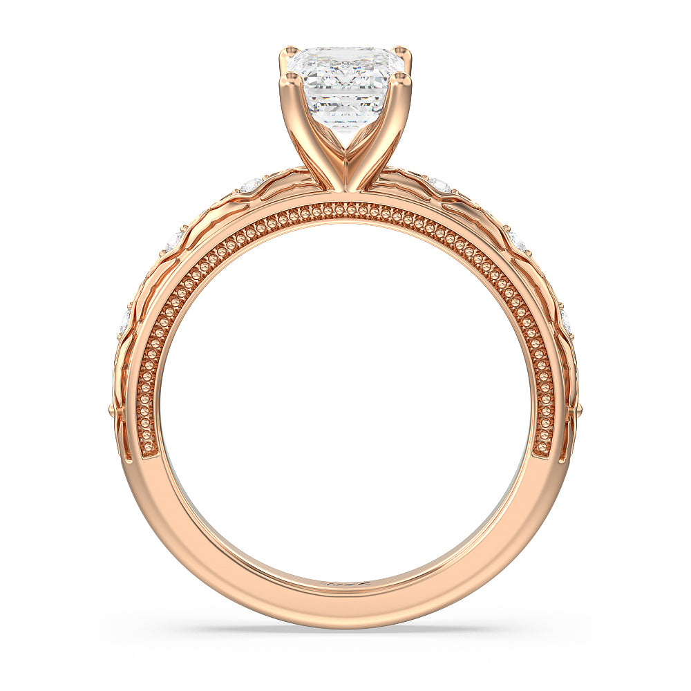 Vintage Blossom Engagement Ring with Emerald Cut Diamond in 14KT Rose Gold view 2
