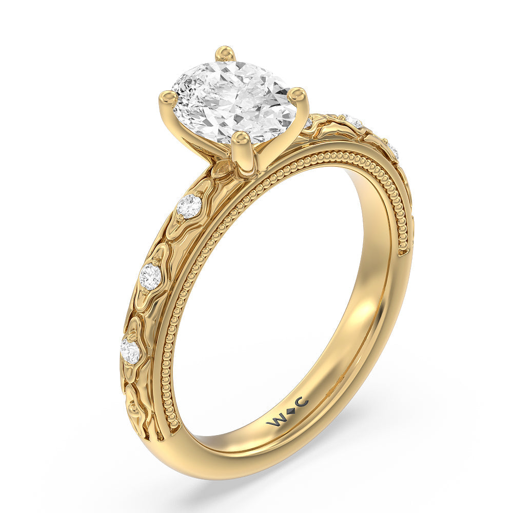 Vintage Blossom Engagement Ring with Oval Cut Diamond in 14KT Yellow Gold view 3
