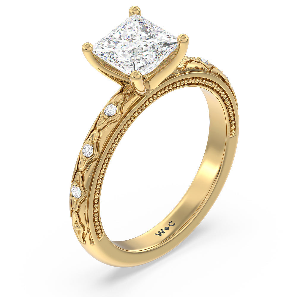 Vintage Blossom Engagement Ring with Princess Cut Diamond in 14KT Yellow Gold view 3
