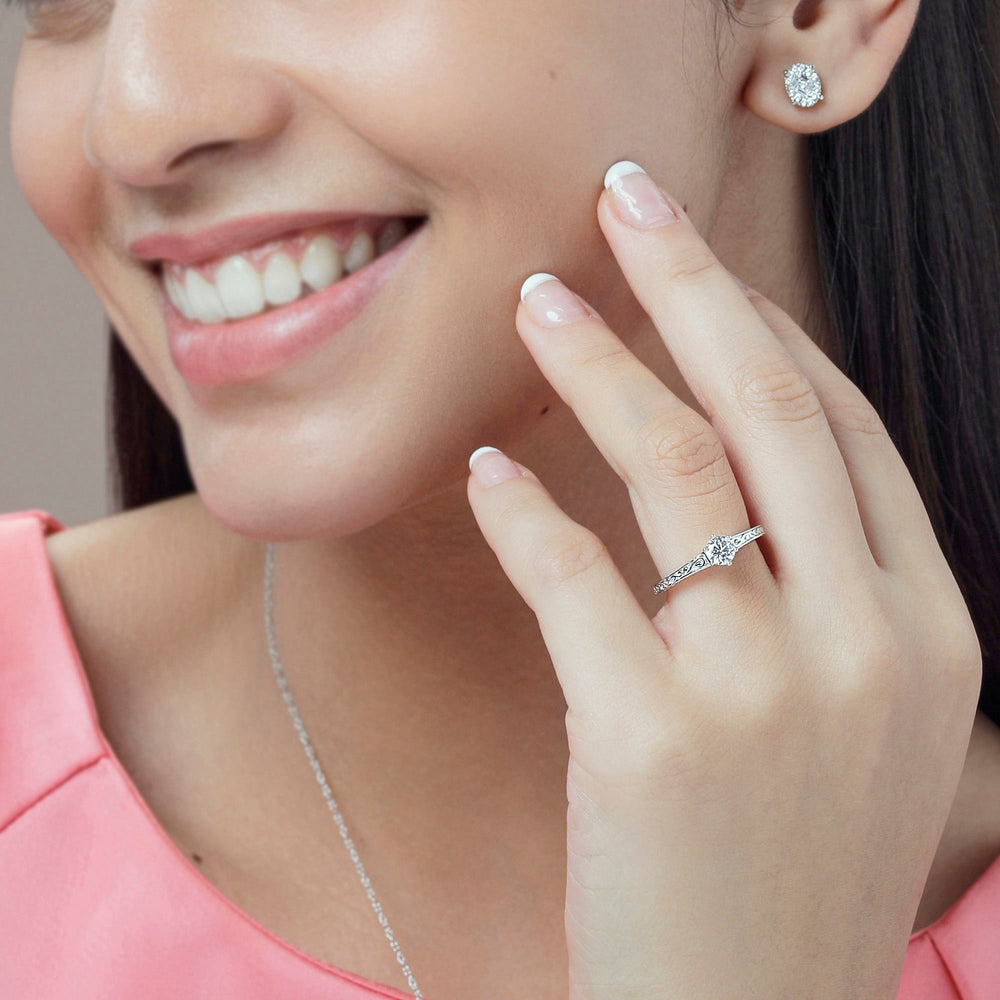 Model Wearing Vintage Carved Orchard Solitaire Engagement Ring view