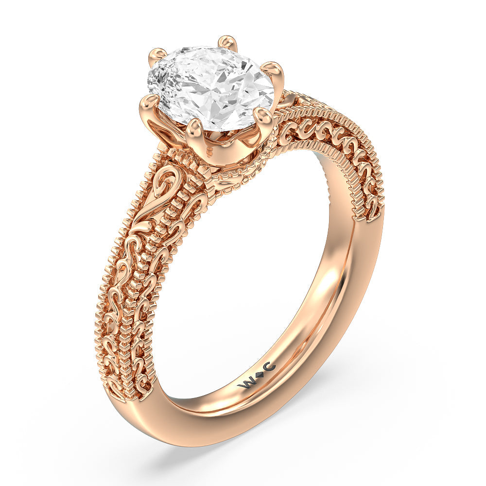 Vintage Carved Orchard Solitaire Engagement Ring with Oval Cut Diamond in 14KT Rose Gold view 3
