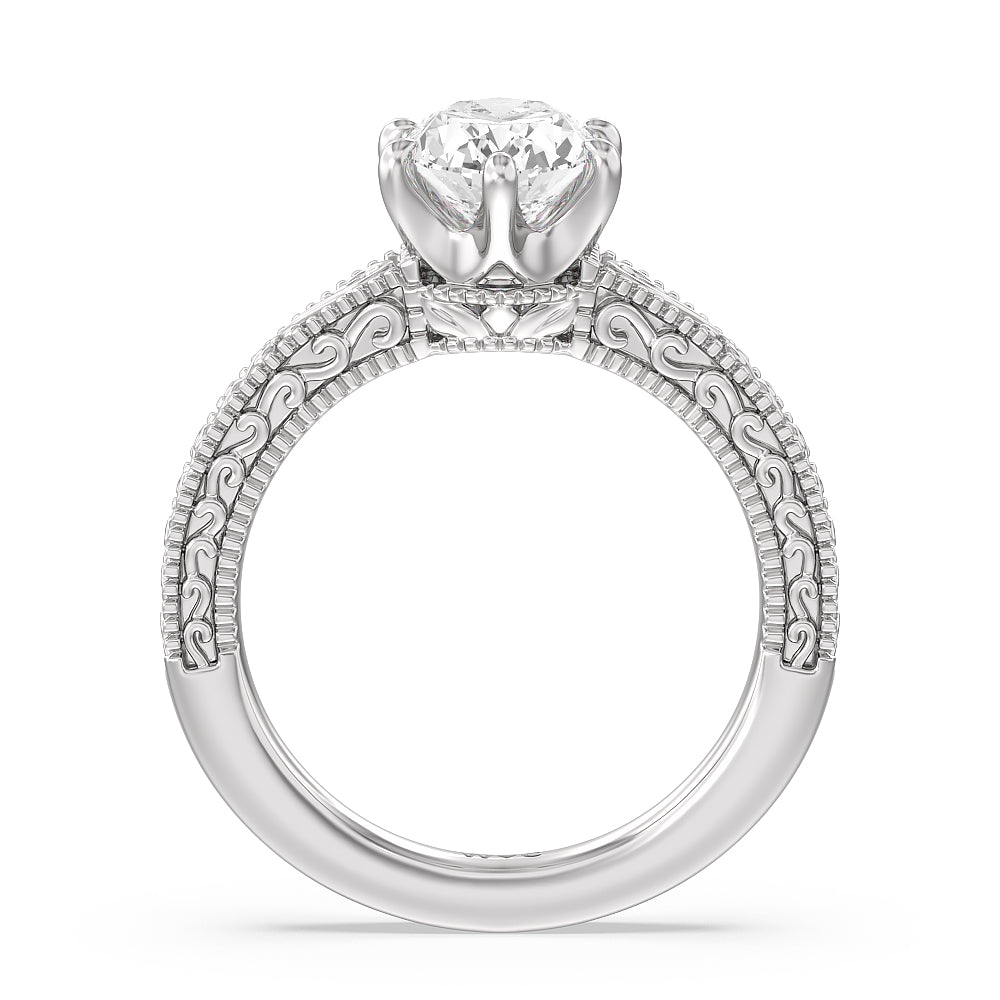 Vintage Carved Orchard Solitaire Engagement Ring with Oval Cut Diamond in 14KT Platinum view 2
