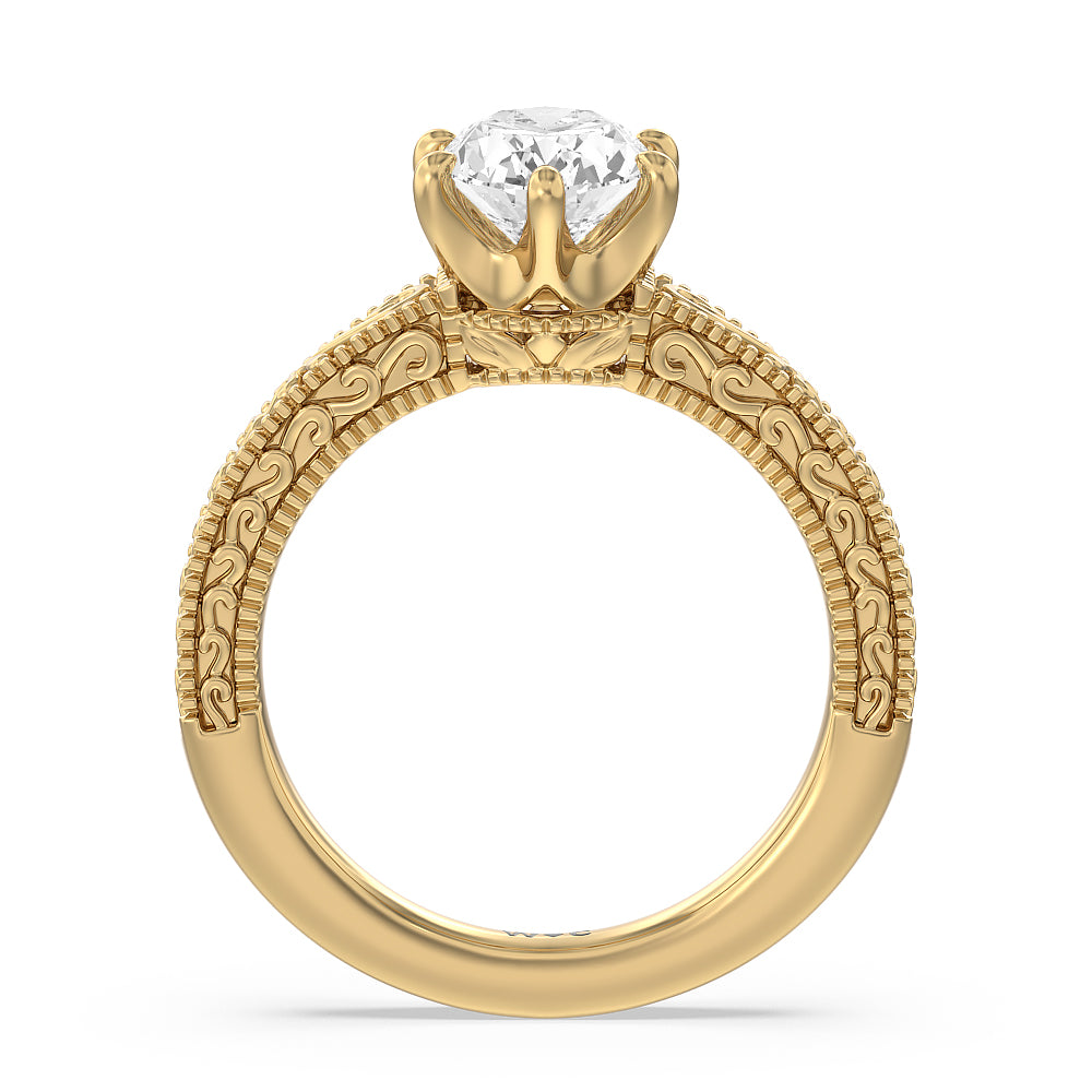 Vintage Carved Orchard Solitaire Engagement Ring with Oval Cut Diamond in 14KT Yellow Gold view 2
