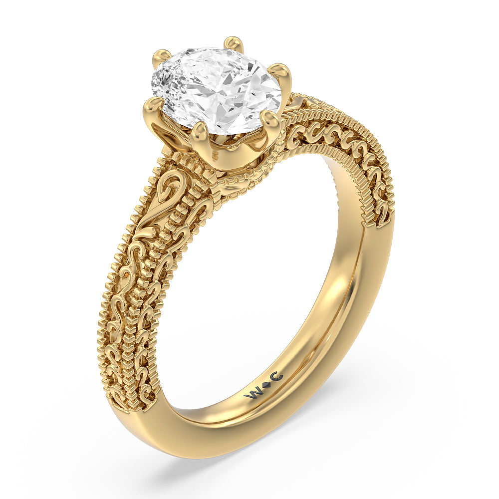 Vintage Carved Orchard Solitaire Engagement Ring with Oval Cut Diamond in 14KT Yellow Gold view 3
