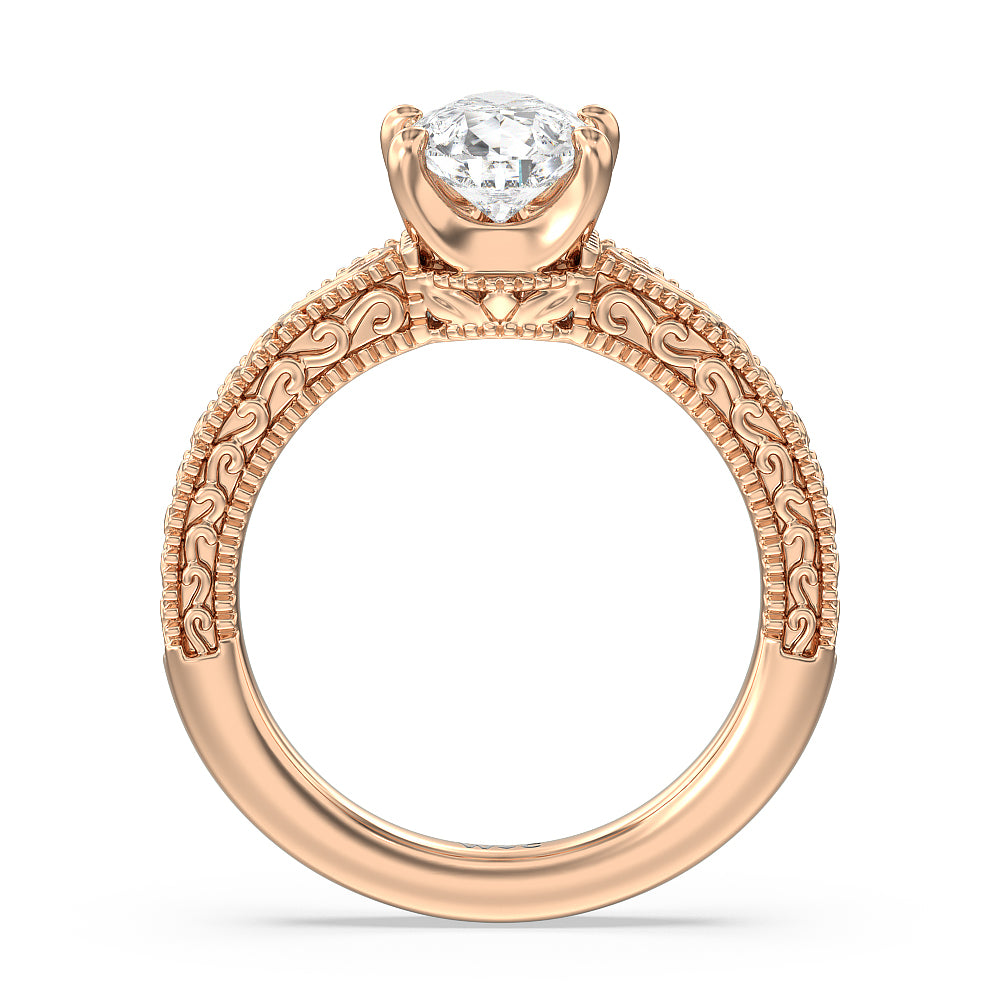 Vintage Carved Orchard Solitaire Engagement Ring with Pear Cut Diamond in 14KT Rose Gold view 2

