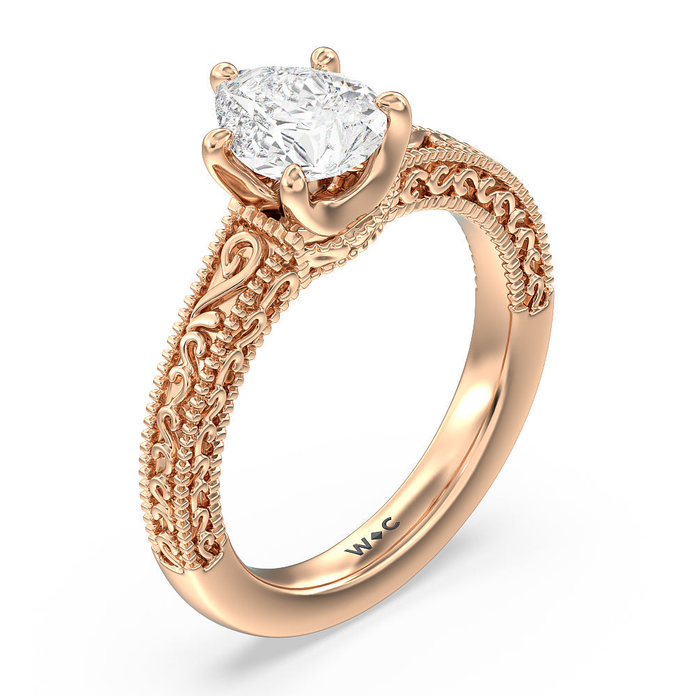 Vintage Carved Orchard Solitaire Engagement Ring with Pear Cut Diamond in 14KT Rose Gold view 3
