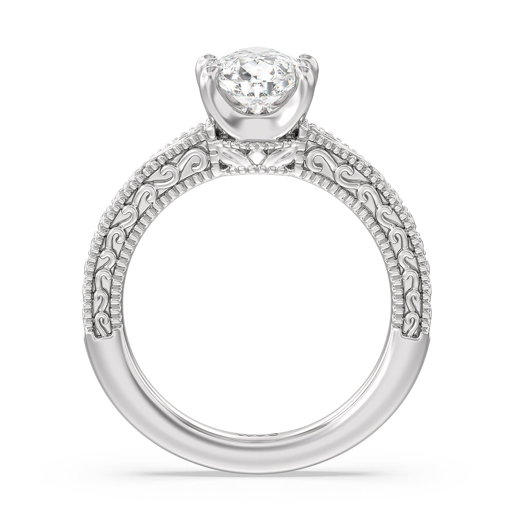 Vintage Carved Orchard Solitaire Engagement Ring with Pear Cut Diamond in 14KT Platinum view 2
