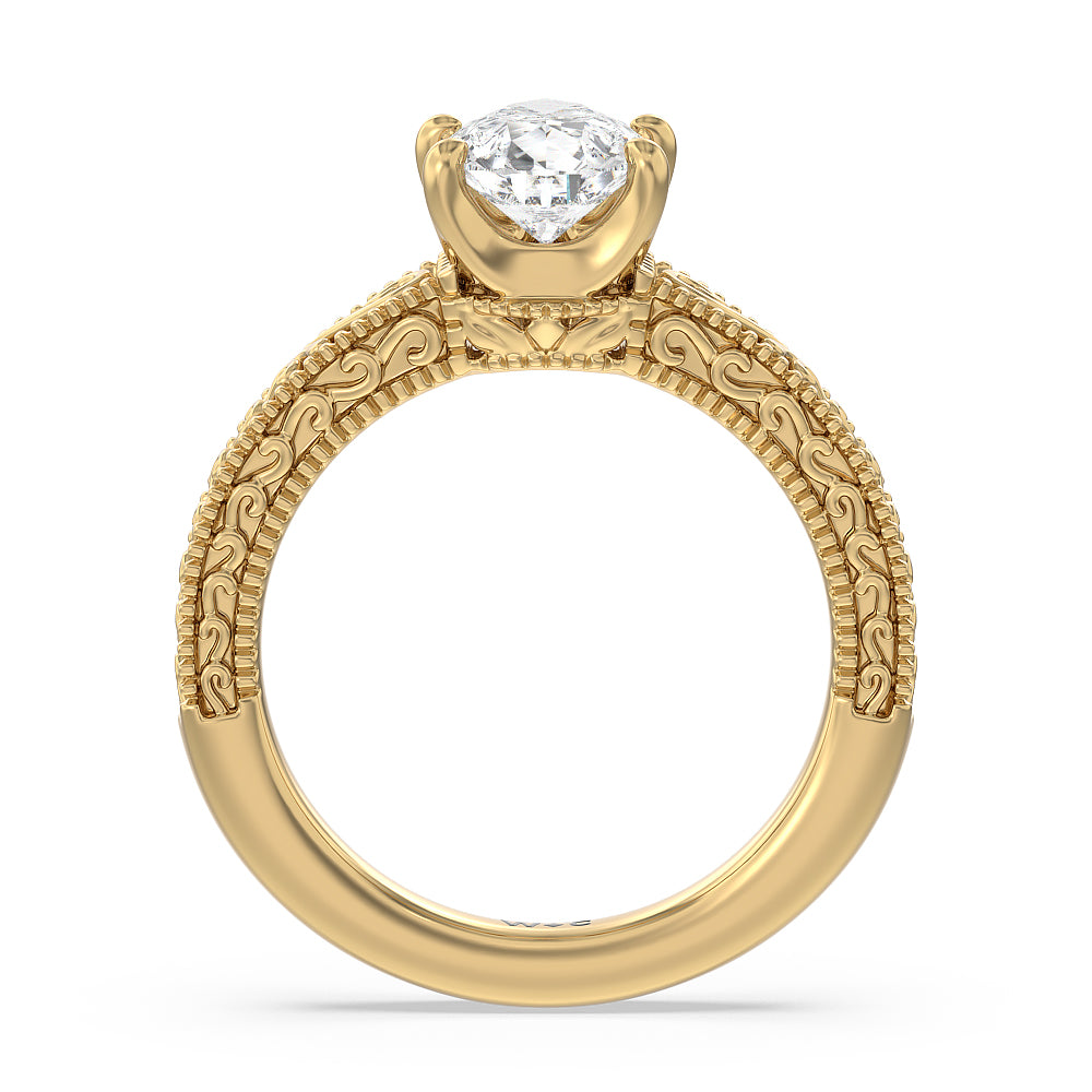 Vintage Carved Orchard Solitaire Engagement Ring with Pear Cut Diamond in 14KT Yellow Gold view 2

