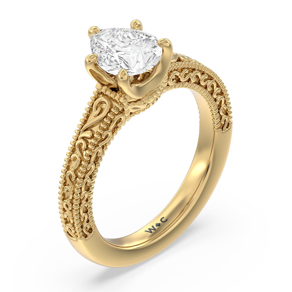 Vintage Carved Orchard Solitaire Engagement Ring with Pear Cut Diamond in 14KT Yellow Gold view 3
