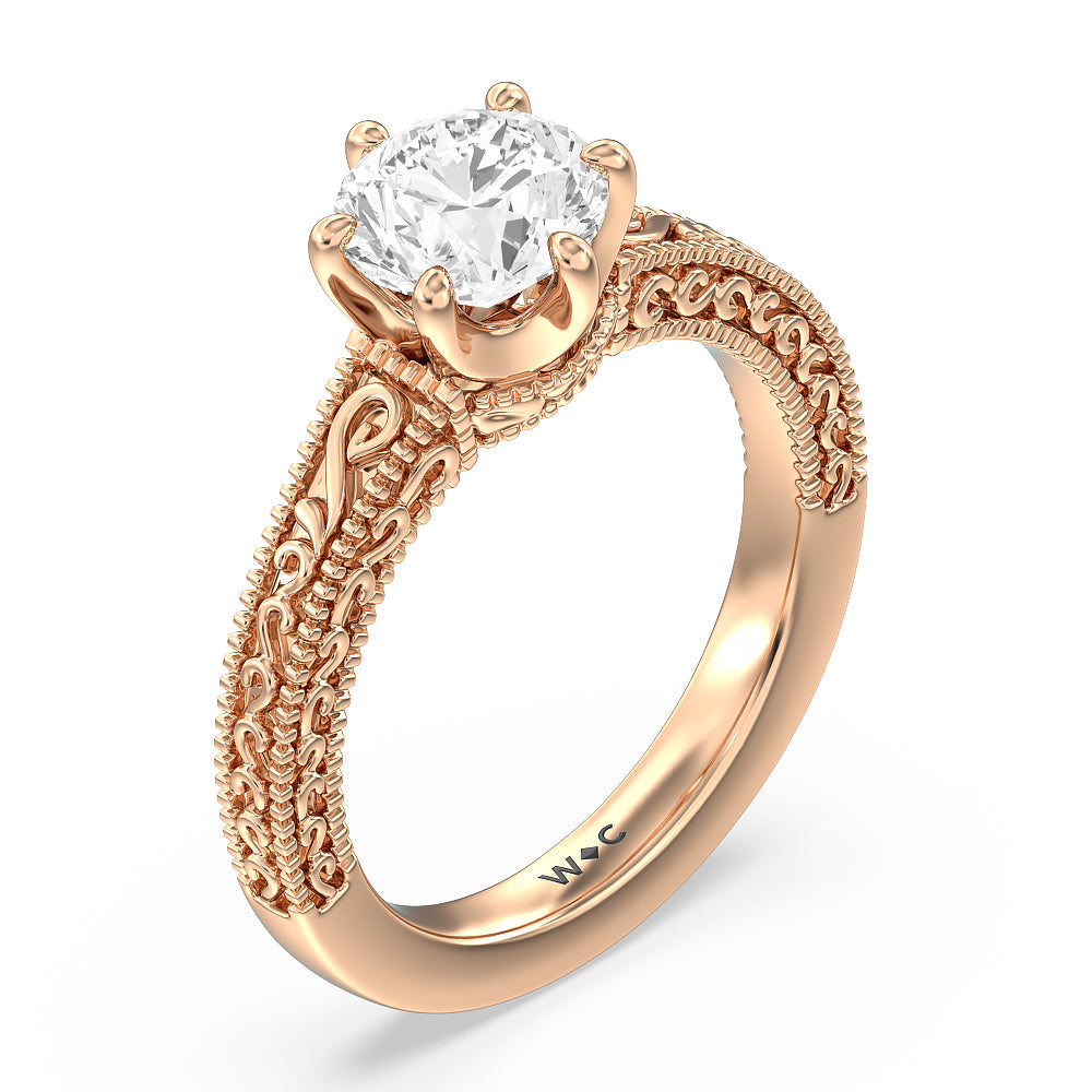 Vintage Carved Orchard Solitaire Engagement Ring with Round Cut Diamond in 14KT Rose Gold view 3
